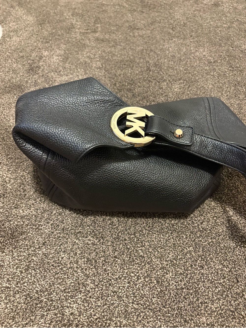 Michael Kors Black Pebbled Leather Fulton Shoulder Bag with Gold MK Medallion